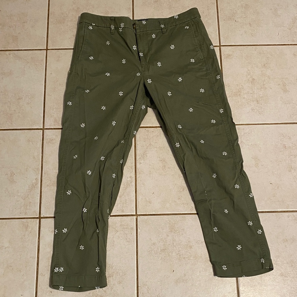 J. Crew Olive Green Pants with White Floral Pattern